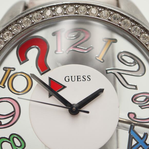 Guess Clear Dial Multicolor Numbers 45mm Watch White Leather with New Battery - Picture 6 of 16